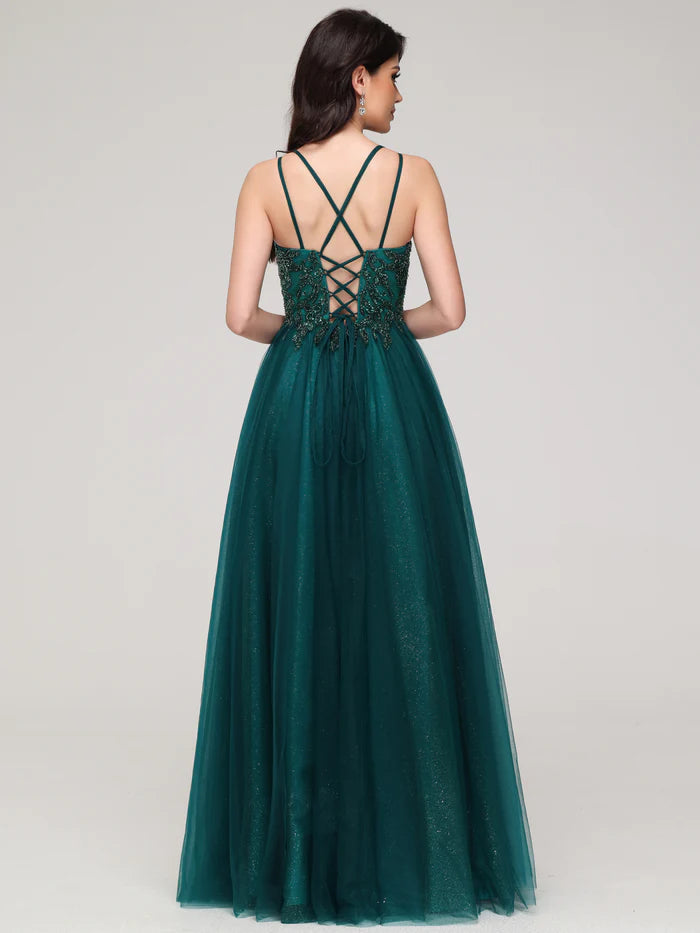 A-line Spaghetti Straps Beaded Long Tulle Unique Design Full Of Charm Prom Dress