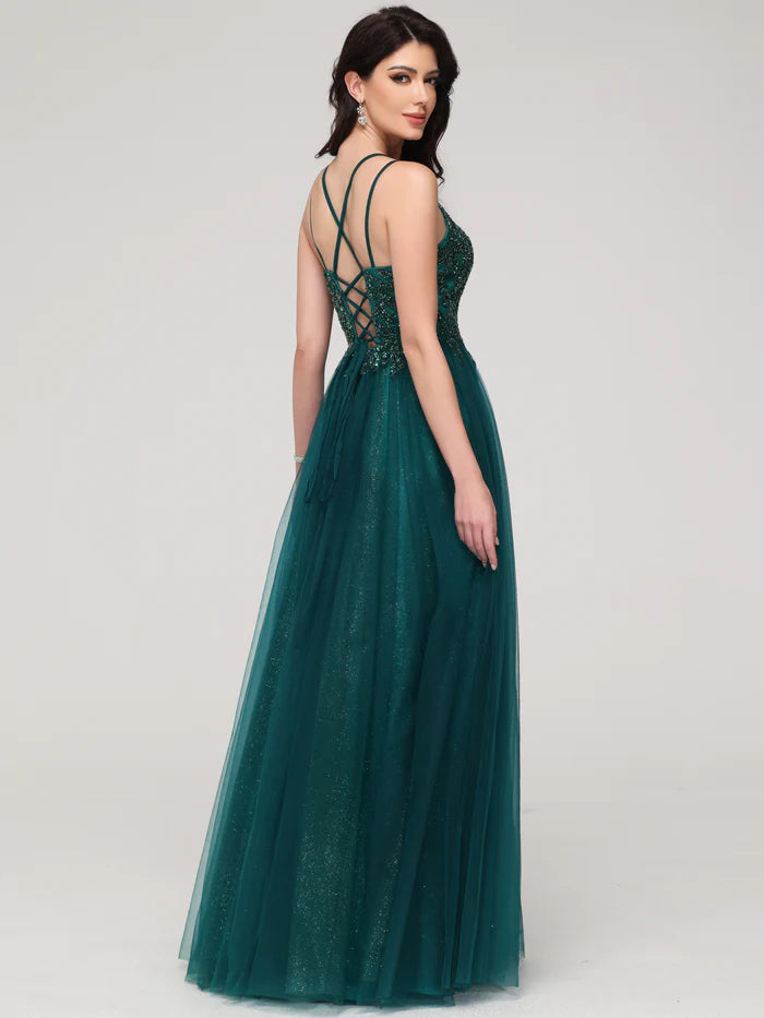 A-line Spaghetti Straps Beaded Long Tulle Unique Design Full Of Charm Prom Dress