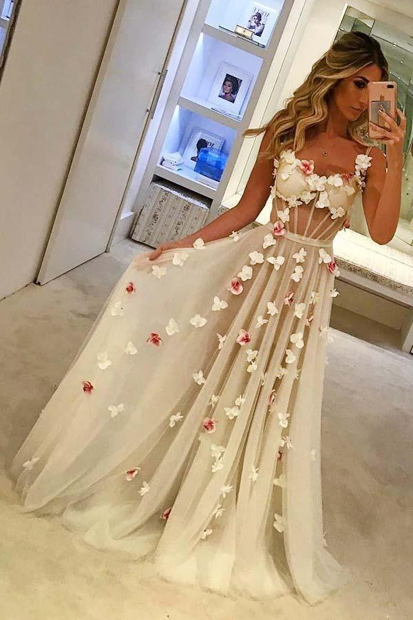 A-Line Spaghetti Straps Sweep Train Ivory Tulle Full Of Charm Prom Dress