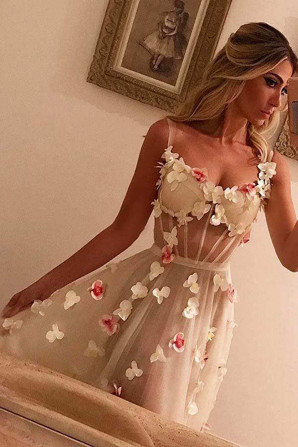 A-Line Spaghetti Straps Sweep Train Ivory Tulle Full Of Charm Prom Dress