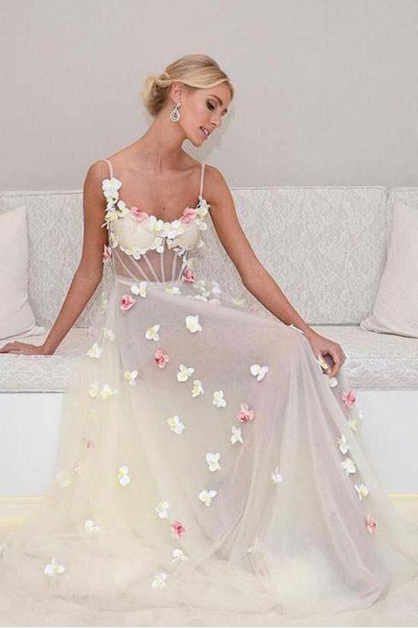 A-Line Spaghetti Straps Sweep Train Ivory Tulle Full Of Charm Prom Dress