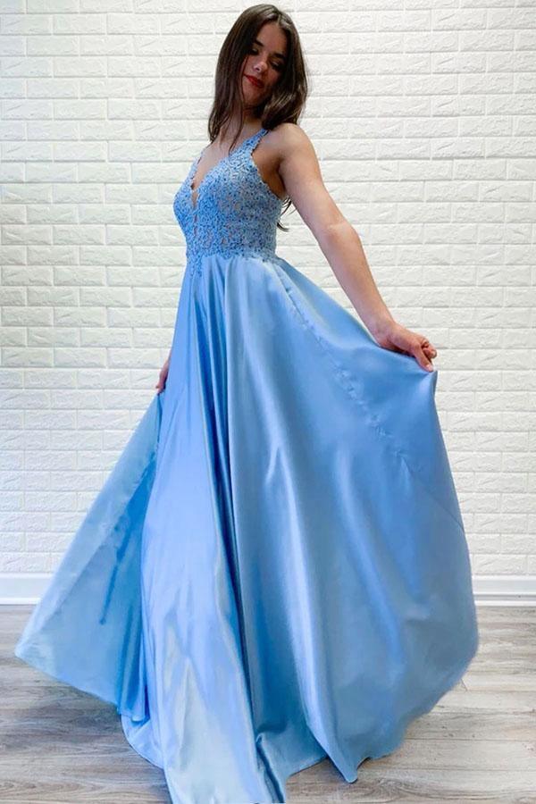 A-line V neck Lace Long Prom Dresses Blue Evening Party Dresses