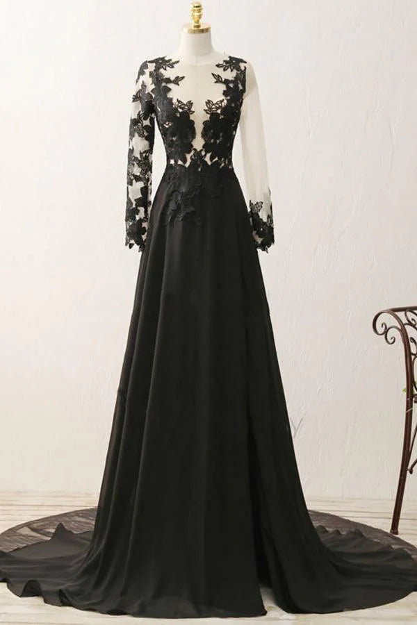 A-line Appliques Black Long Sleeves Full Of Charm Prom Dress