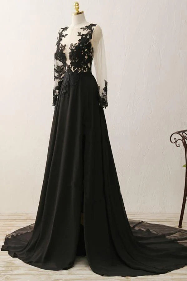 A-line Appliques Black Long Sleeves Full Of Charm Prom Dress