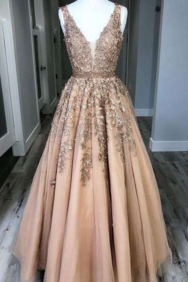 A-line V Neck Open Back Gold Lace Long Full Of Charm Prom Dress