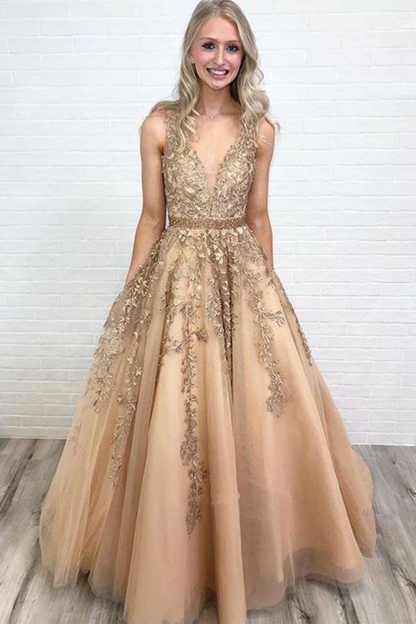 A-line V Neck Open Back Gold Lace Long Full Of Charm Prom Dress