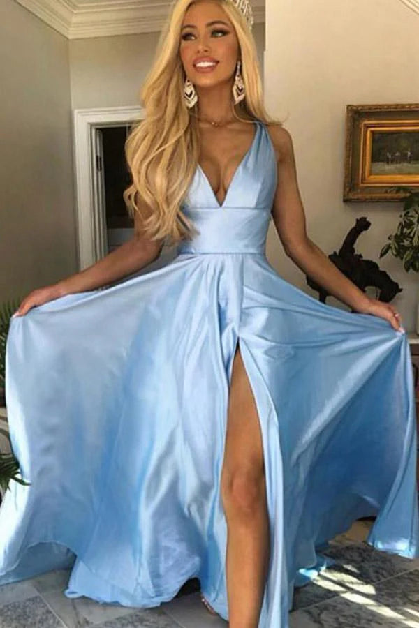 A Line V Neck Open Back Light Blue Full Of Charm Prom Dress