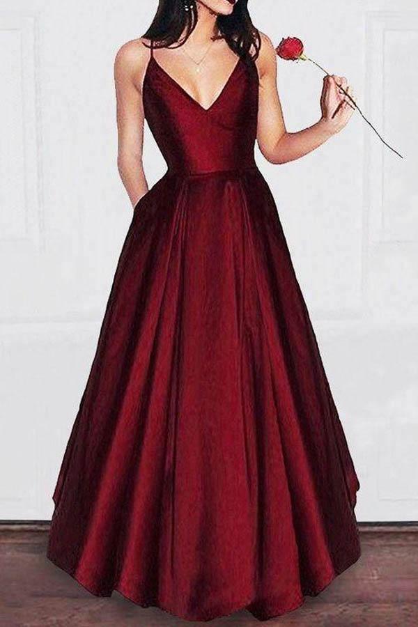 A-line V-neck Spaghetti Strap Burgundy Full Of Charm Prom Dress