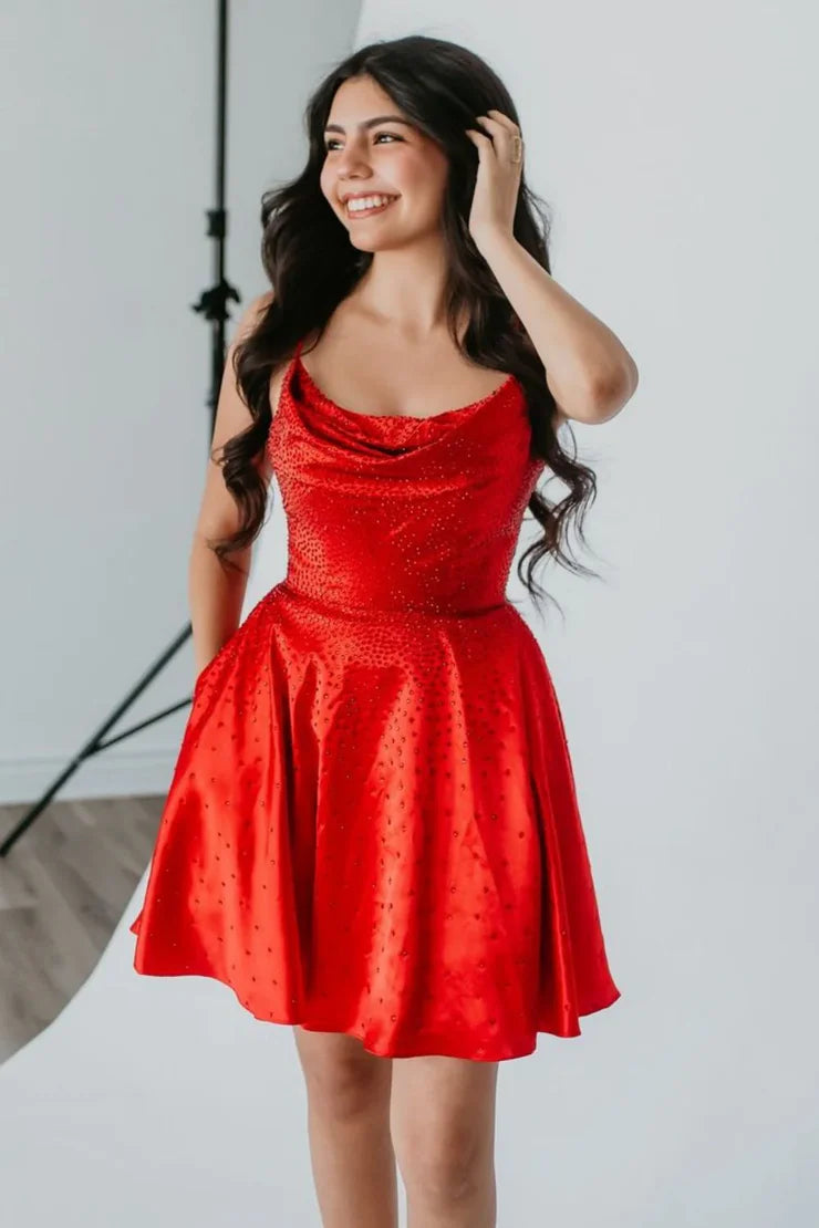 Cute A Line Cowl Neck Red Satin Unique Design Homecoming Dresses