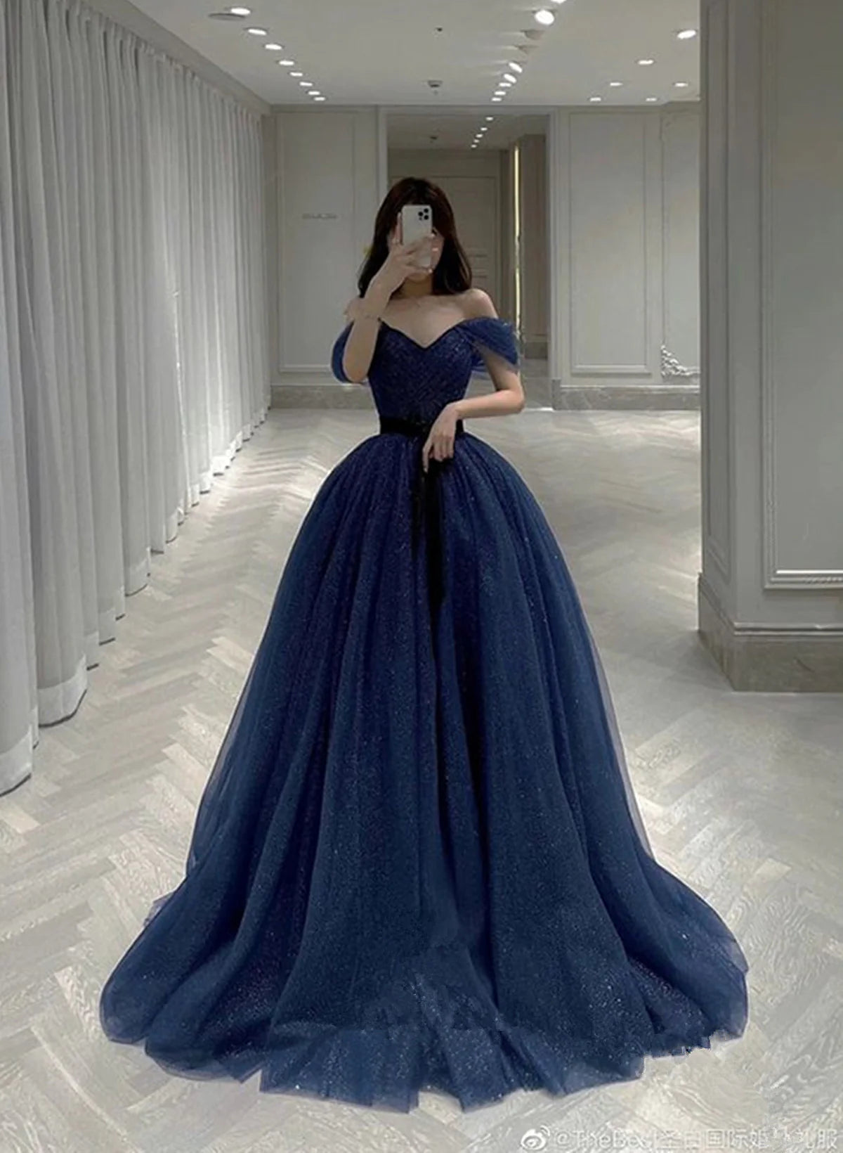 Navy Blue Off Shoulder Sweetheart Long Full Of Charm Prom Dress