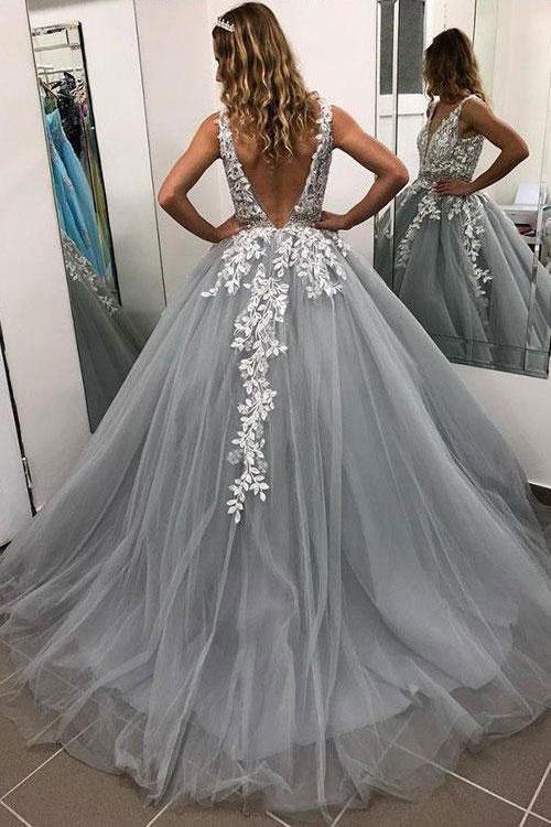 Ball Gown Grey V Neck Long Full Of Charm Prom Dress