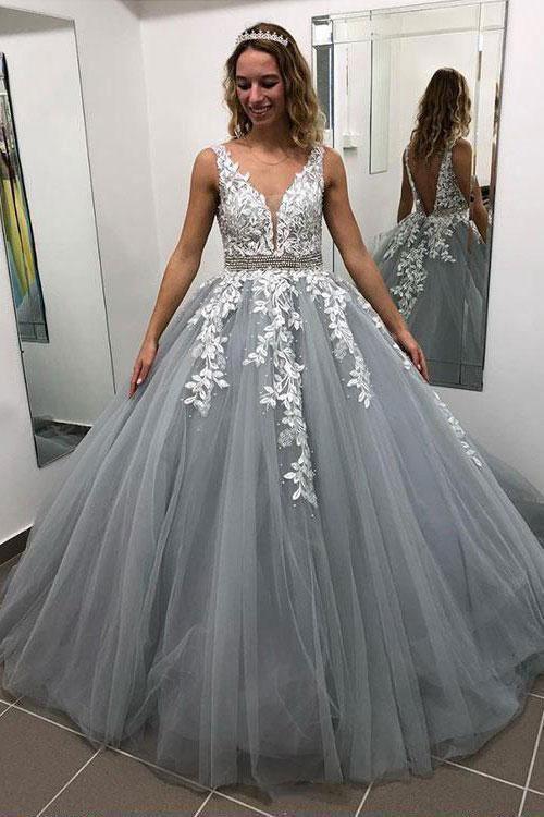 Ball Gown Grey V Neck Long Full Of Charm Prom Dress