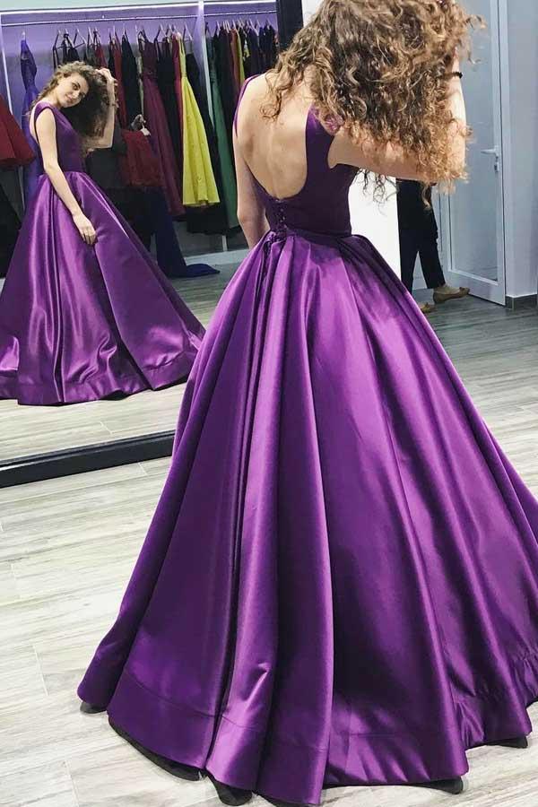Ball Gown V-Neck Sweep Train Satin Sleeveless Backless Full Of Charm Prom Dress