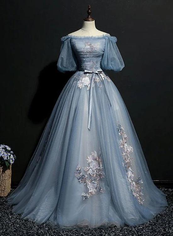 Charming Tulle Puffy Sleeves Long Full Of Charm Prom Dresses