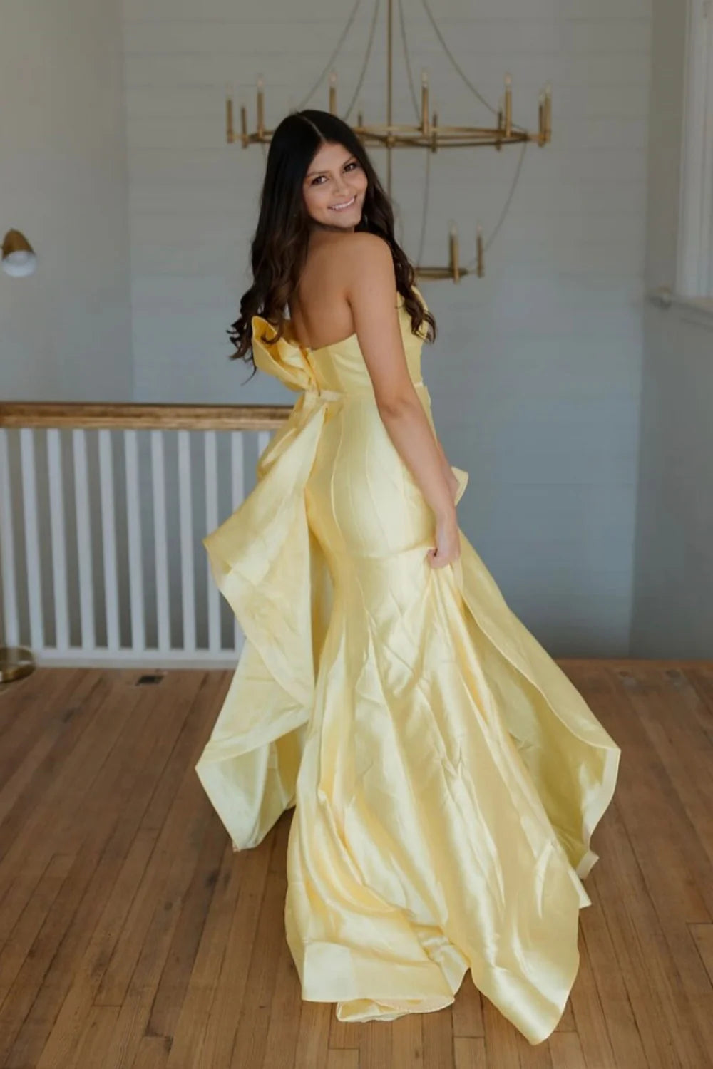 Strapless Yellow Back Bow Long Full Of Charm Prom Dresses