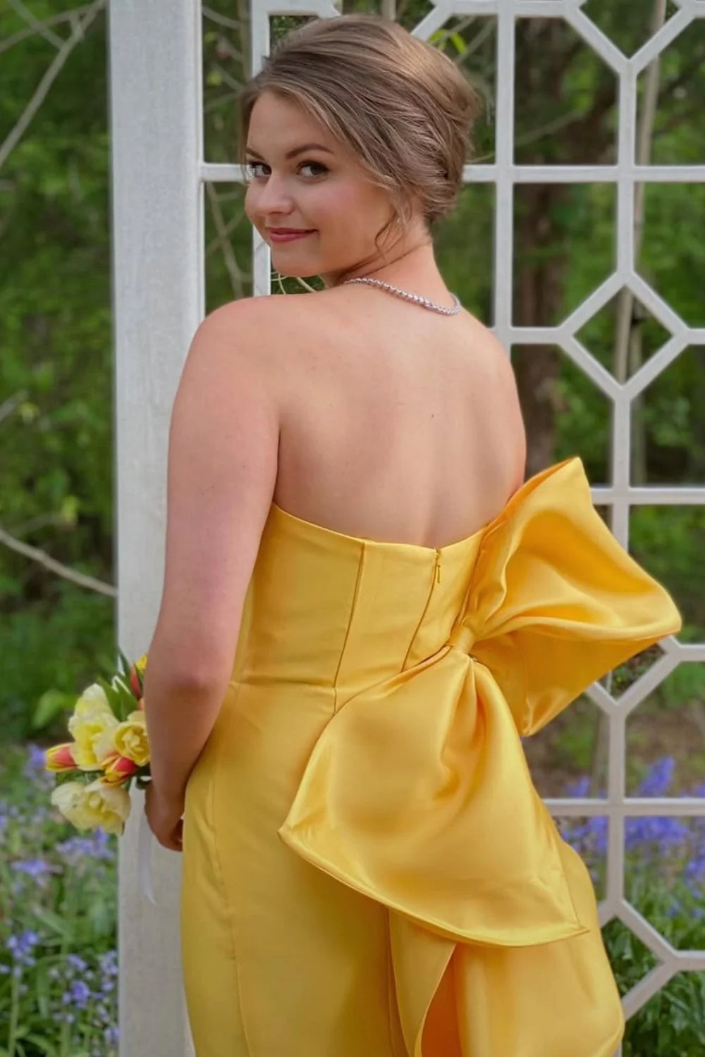 Strapless Yellow Back Bow Long Full Of Charm Prom Dresses