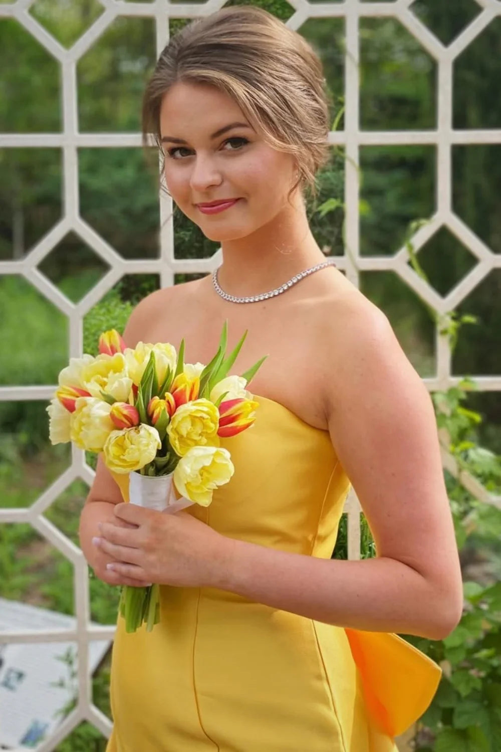 Strapless Yellow Back Bow Long Full Of Charm Prom Dresses