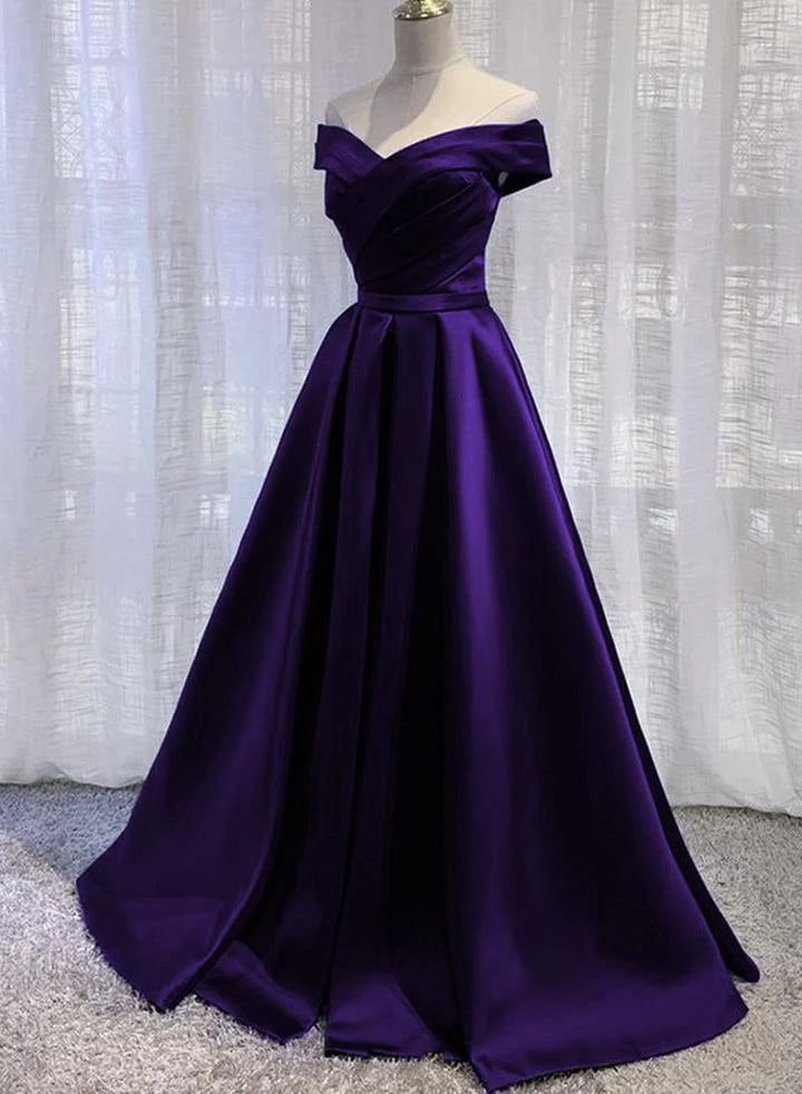Simple Off Shoulder Satin Long Full Of Charm Prom Dress