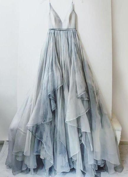 Charming Straps Simple V Neck Tulle Prom Dresses Evening Dresses