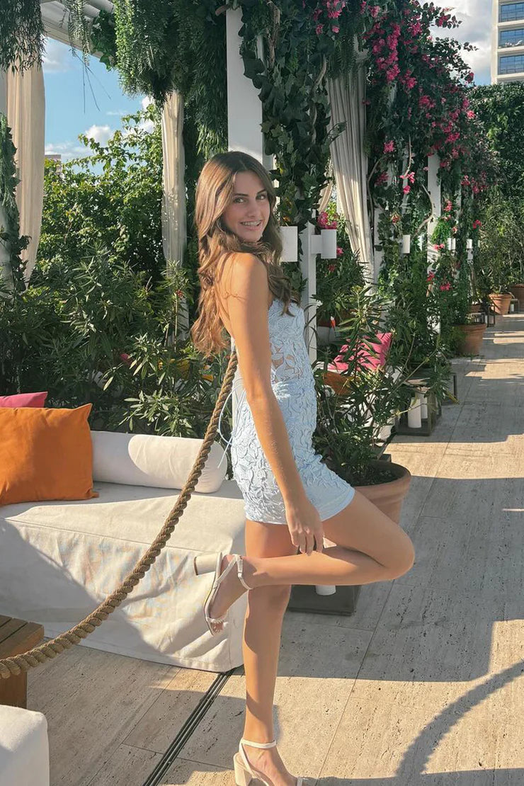 Cute Bodycon Sweetheart Light Blue Short Unique Design Homecoming Dress