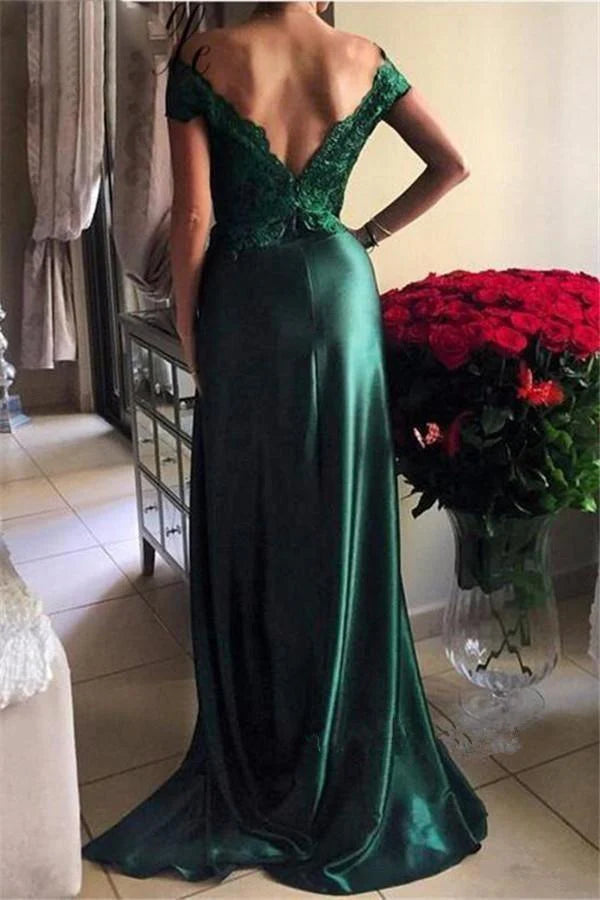 Dark Green Prom Dresses Off-the-shoulder Split Evening Dresses