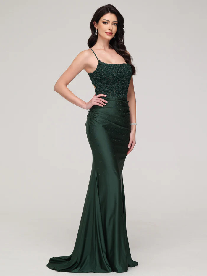 Dark Green Spaghetti Straps Mermaid Backless Exquisite Tailoring Prom Dress