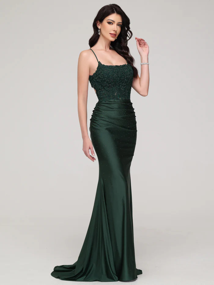 Dark Green Spaghetti Straps Mermaid Backless Exquisite Tailoring Prom Dress