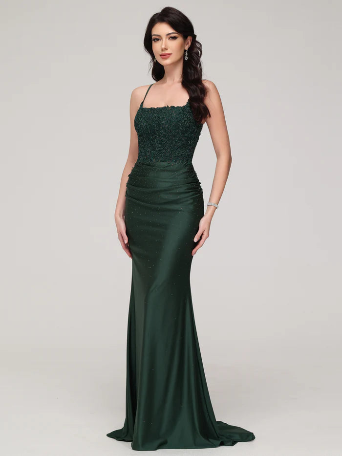 Dark Green Spaghetti Straps Mermaid Backless Exquisite Tailoring Prom Dress