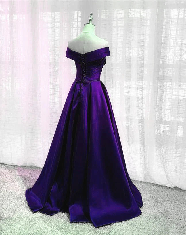 Simple Off Shoulder Satin Long Full Of Charm Prom Dress