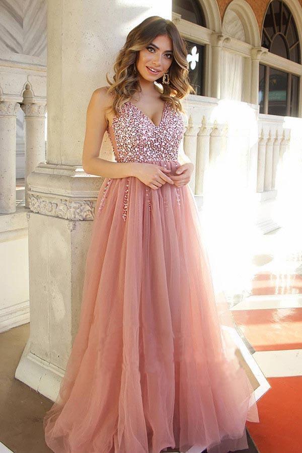 Dusty Rose Tulle Beaded Long Full Of Charm Prom Dress