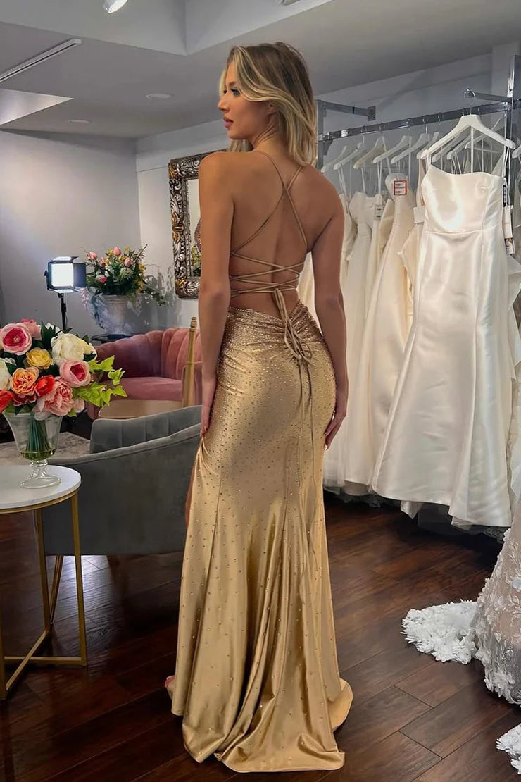 Charming Mermaid V Neck Gold Satin Full Of Charm Prom Dress