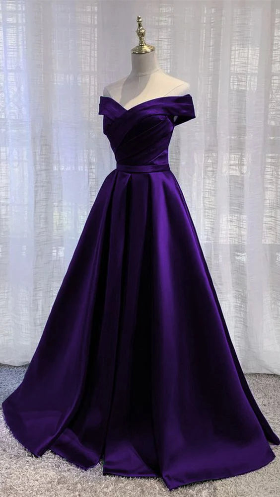 Simple Off Shoulder Satin Long Full Of Charm Prom Dress