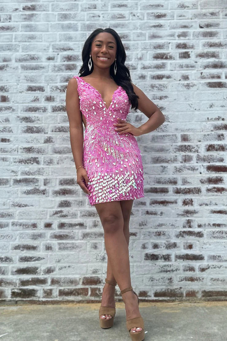 Bodycon V Neck Pink Sequins Short Full Of Charm Homecoming Dress