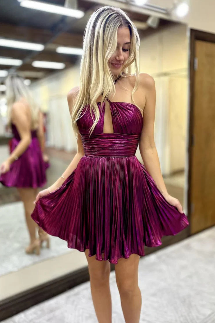 Cute A-Line Straps Fuchsia Pleated Satin Short Homecoming Dresses