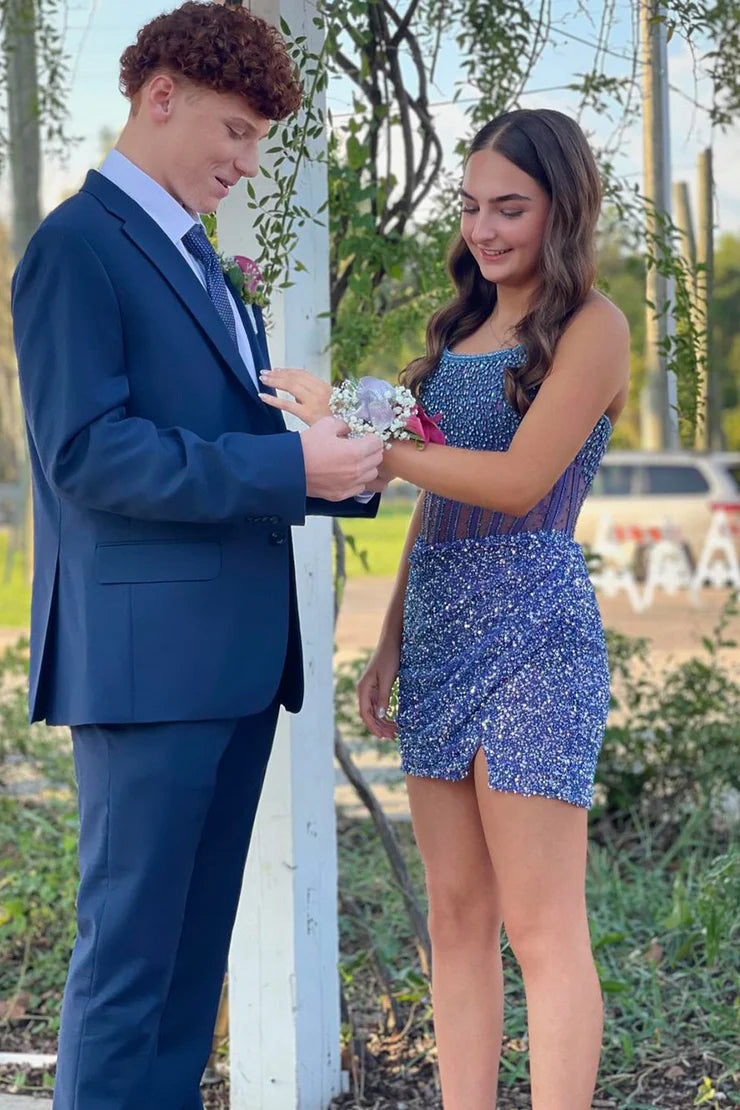 Cute Bodycon Scoop Neck Dark Blue Sequins Short Full Of Charm Homecoming Dress