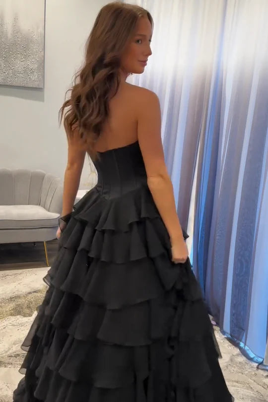 A-Line Strapless Beads V-Neck Tiered Chiffon Sleeveless Prom Dress