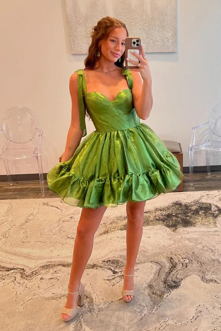 Cute A-Line Straps Sage Green Ruffle Satin Short Homecoming Dresse