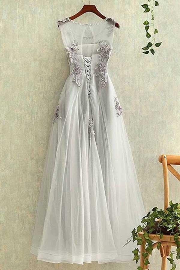 Elegant Tulle Lace Applique Long Prom Dresses Evening Dreses