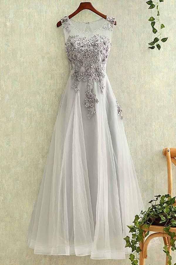 Elegant Tulle Lace Applique Long Prom Dresses Evening Dreses