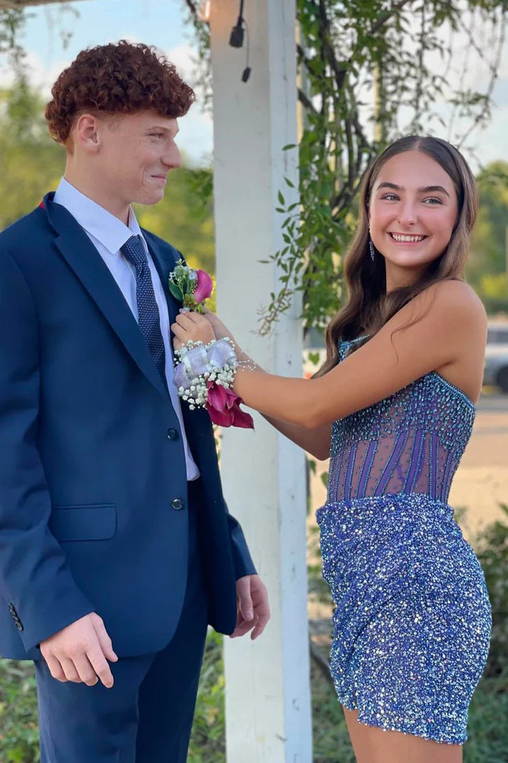 Cute Bodycon Scoop Neck Dark Blue Sequins Short Full Of Charm Homecoming Dress