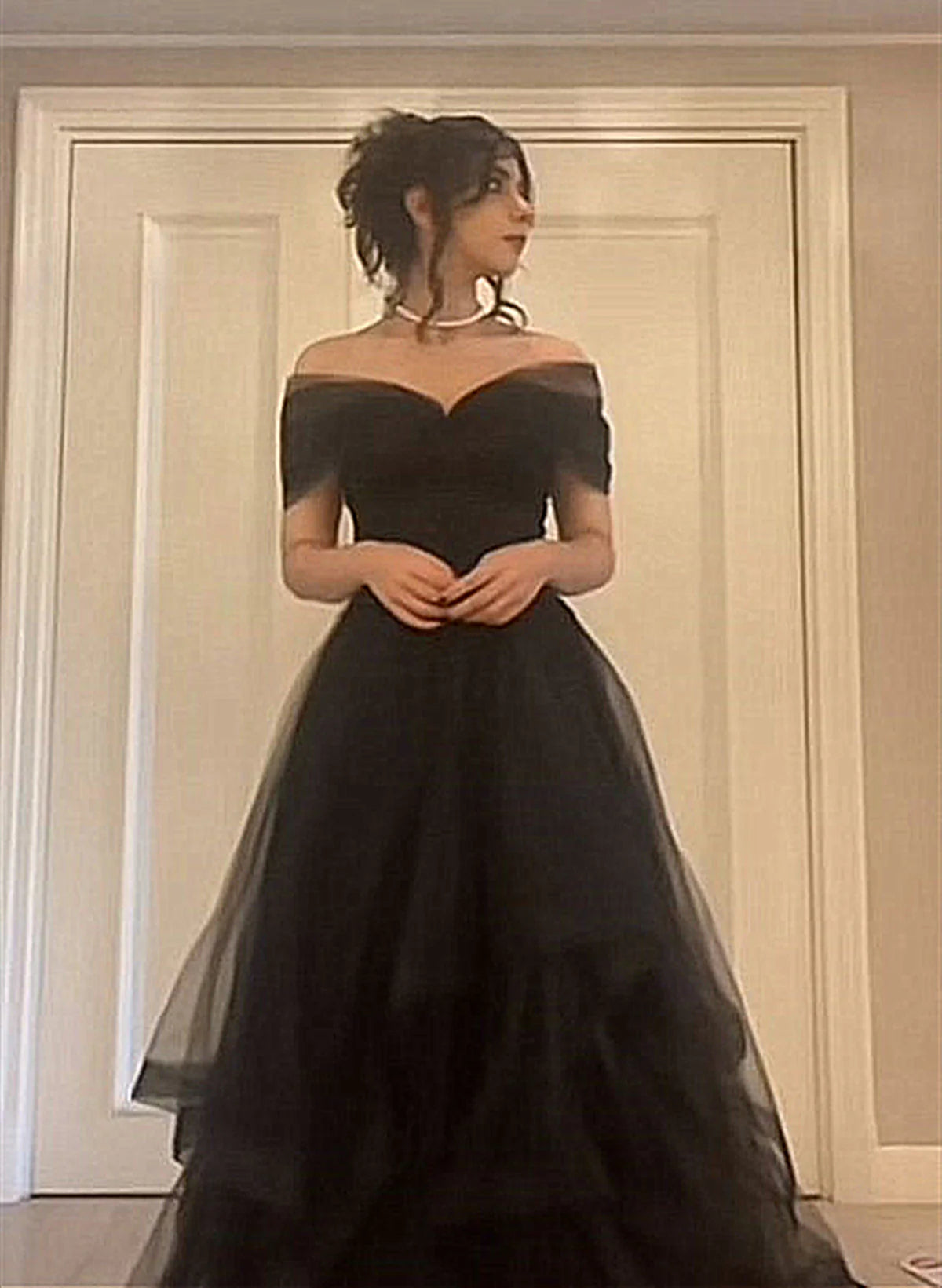 Black Off Shoulder Sweetheart Tulle Full Of Charm Prom Dress