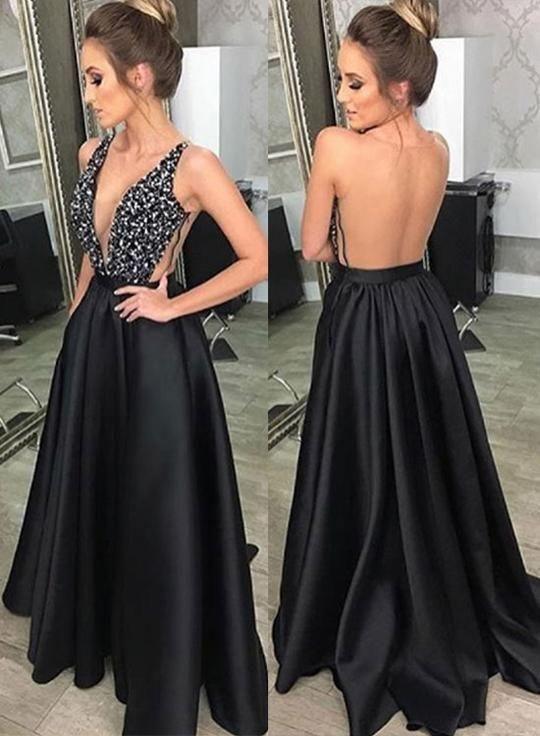 Fashion Deep V Neck Black Long Full Of Charm Prom Dress
