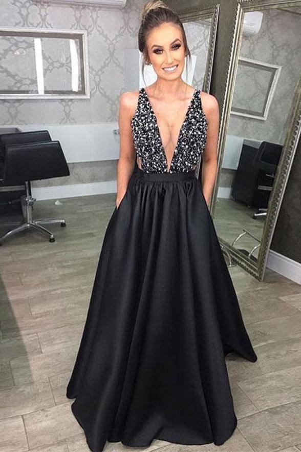 Fashion Deep V Neck Black Long Full Of Charm Prom Dress