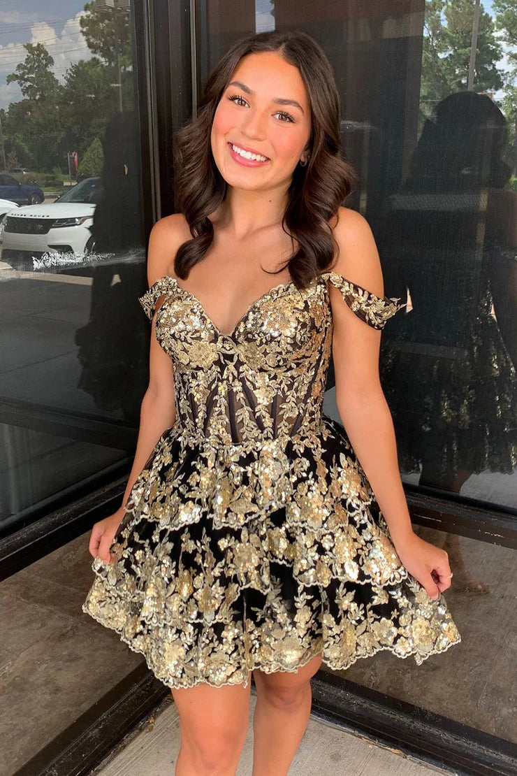Cute A-Line Off the Shoulder Gold Lace Black Short Homecoming Dresses