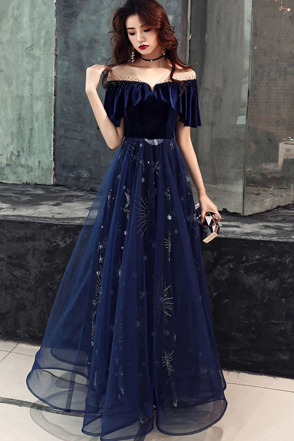 Elegant Velvet Bodice Tulle Long Full Of Charm Prom Dress