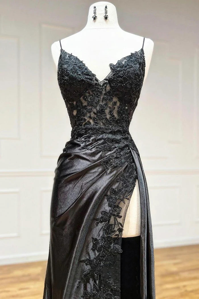 Black V-Neck Lace Long Unique Design Full Of Charm Party Dresses
