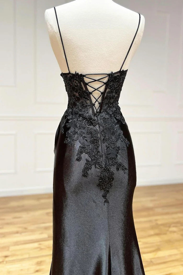 Black V-Neck Lace Long Unique Design Full Of Charm Party Dresses