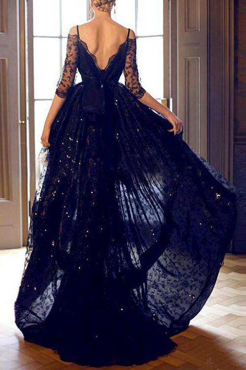 High-low Half Sleeves Black Full Of Charm Prom Dress