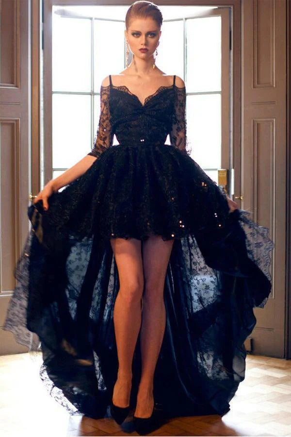 High-low Half Sleeves Black Full Of Charm Prom Dress