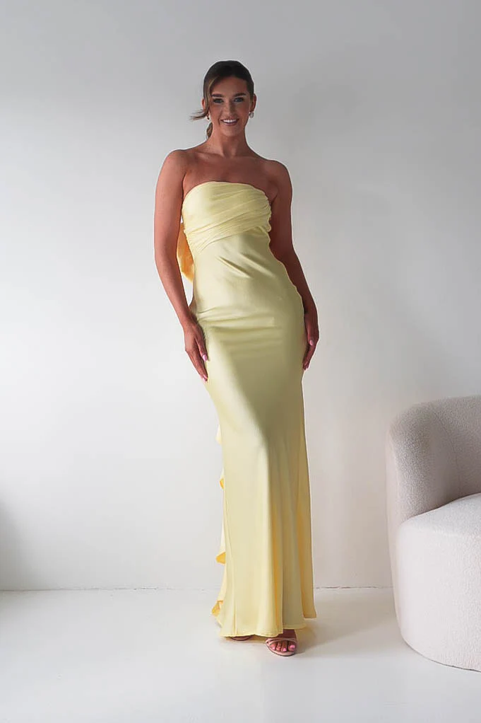 Glamorous Satin Mermaid Strapless Bow-Back Ruffle Prom Dresses